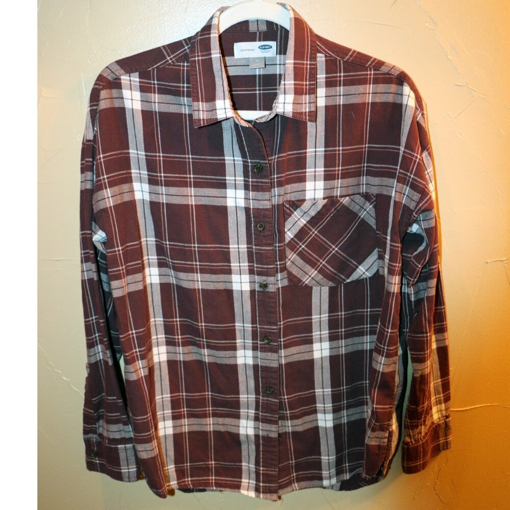 Old Navy Boyfriend Long Sleeve Med Mauve Plaid 100% Cotton